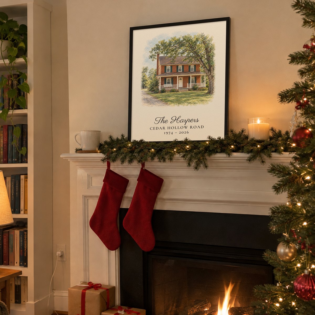 Framed house portrait on a Christmas mantel with a pine garland