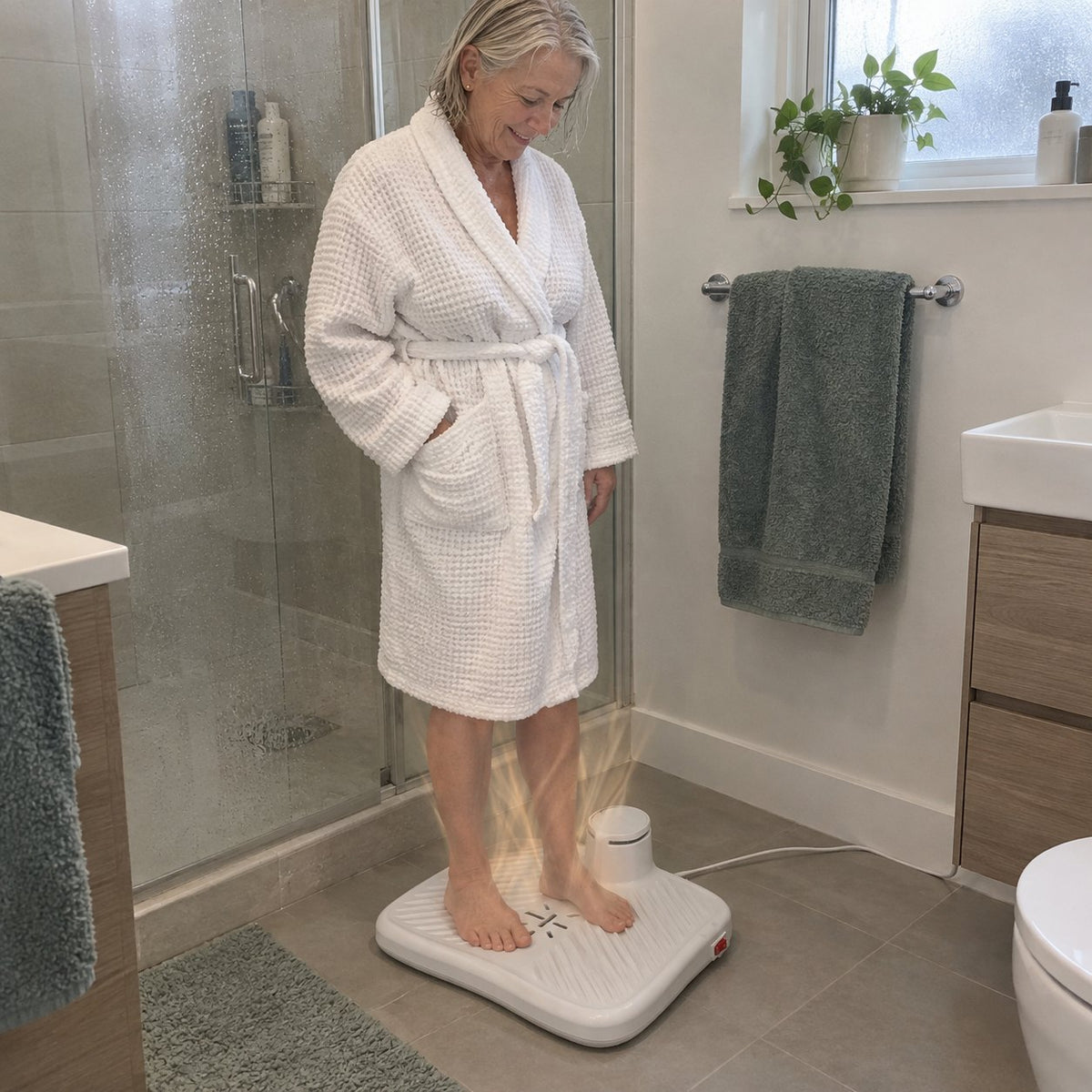 Woman in her early sixties in a white bathrobe standing on the body dryer after her shower