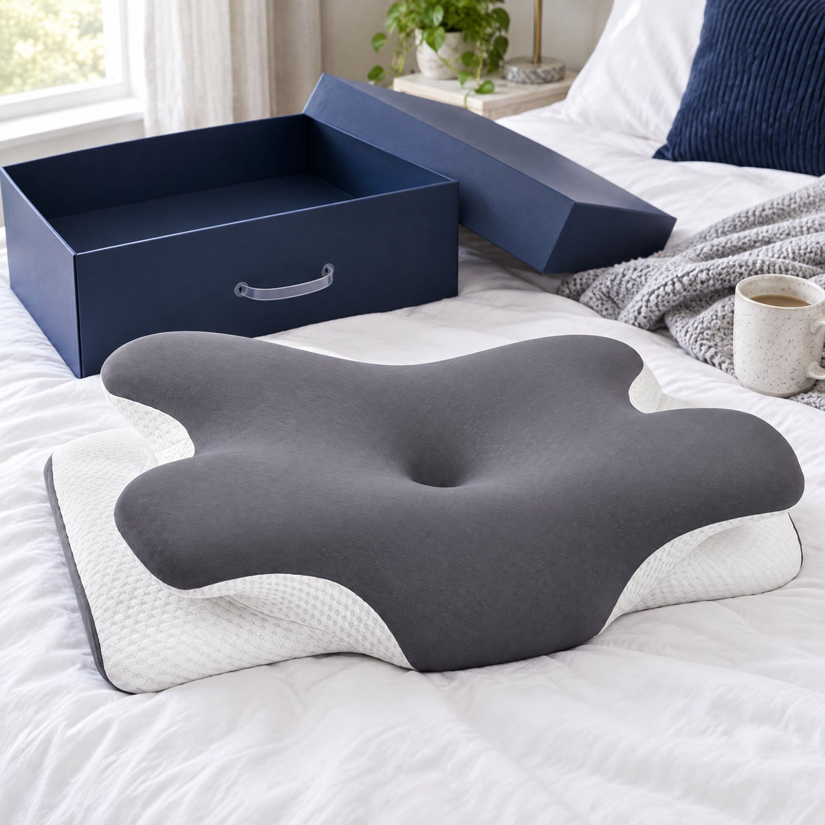 The contour pillow on a bed next to a navy box