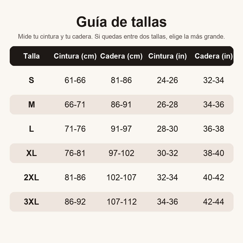 Guía de tallas de la faja short: cintura y cadera en cm y pulgadas