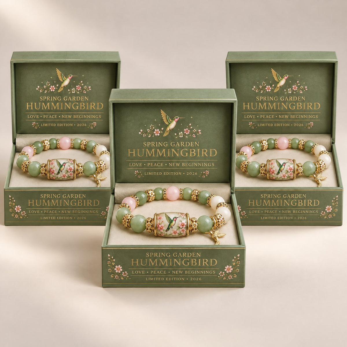 Three hummingbird bracelets in their gift boxes