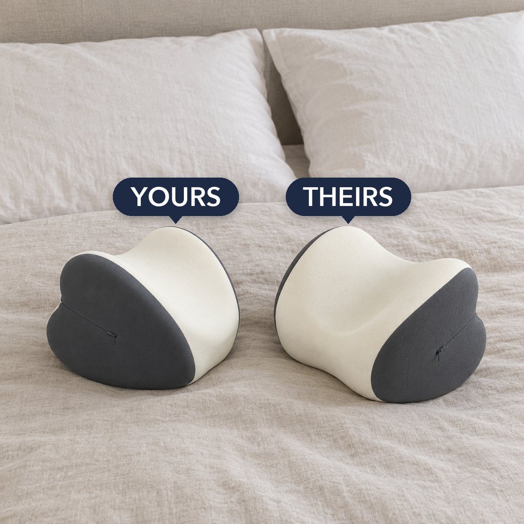 Two identical knee pillows side by side on a bed, one for you and one for your partner