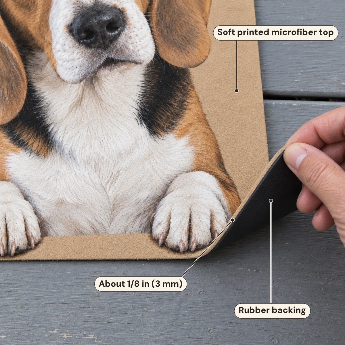 A hand lifting the corner of the doormat to show its thin printed microfiber top and black rubber backing