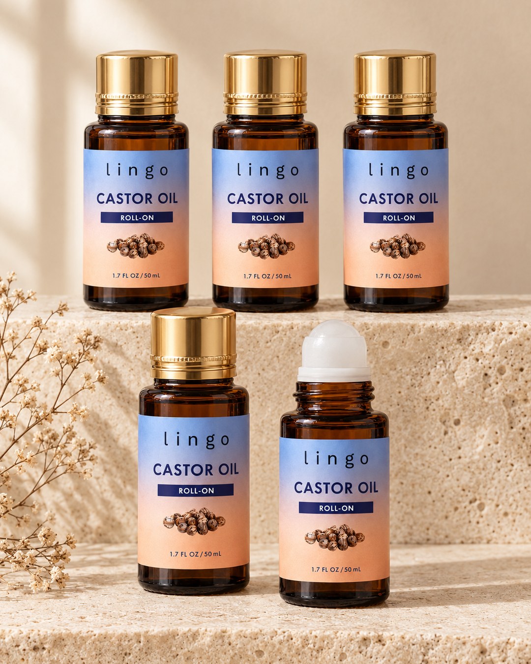 Five castor oil roll-ons, the Buy 3 Get 2 Free pack