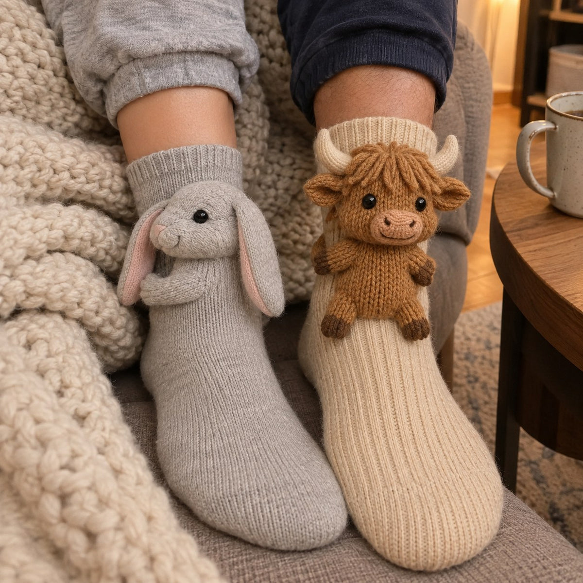 A couple's feet under a blanket, one in bunny socks, one in highland cow socks