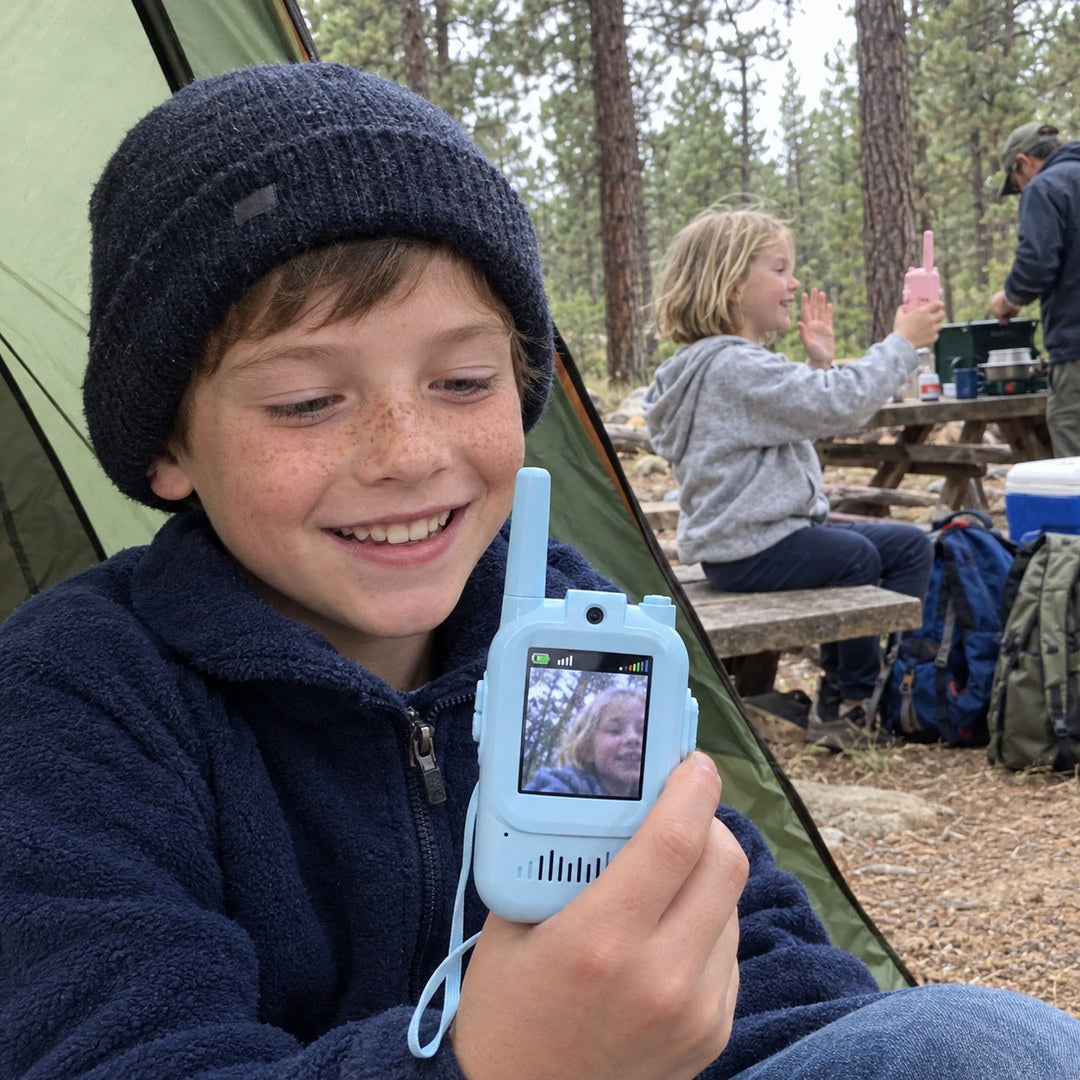 Brother at the tent and sister at the picnic table talking on video walkie-talkies at a campsite