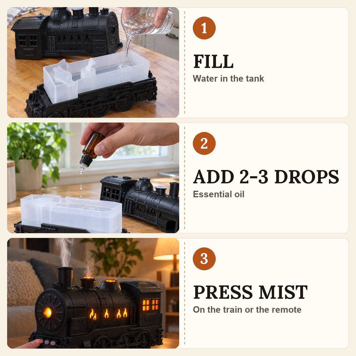 How it works in 3 steps: fill with water, add 2-3 drops of oil, press MIST