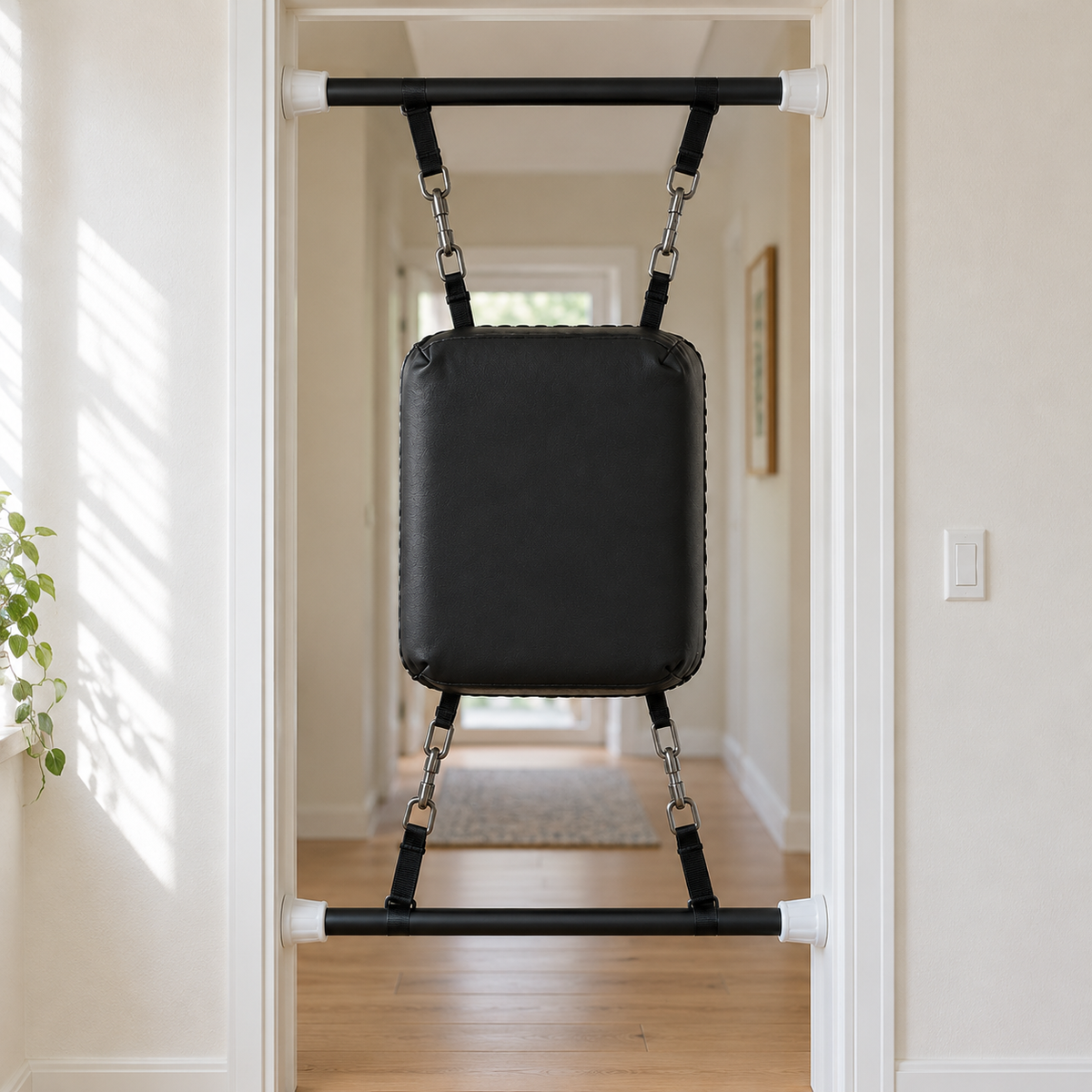 Doorway punching bag braced in an interior door frame