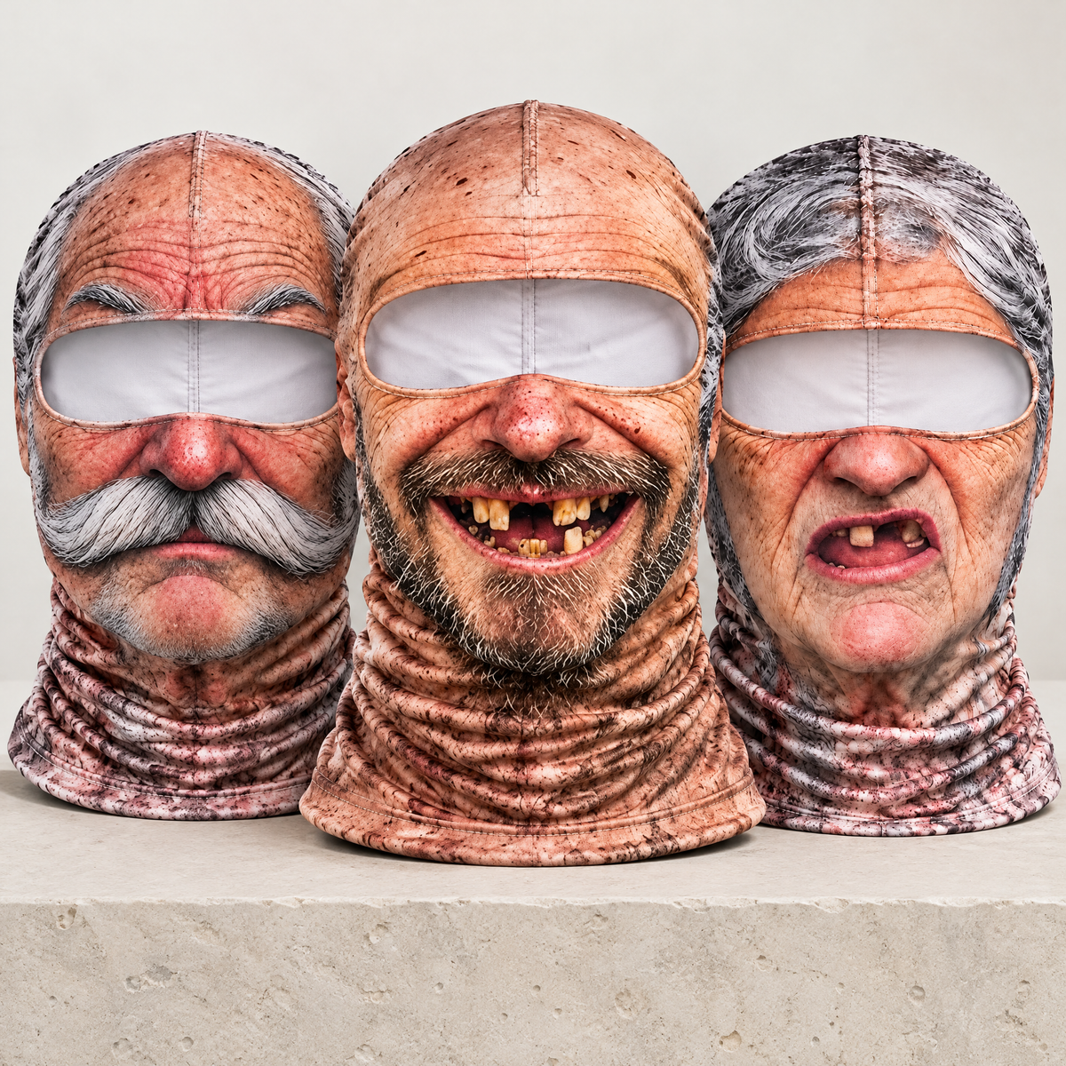 The three Funny Face Balaclava prints side by side: The Mustache Grandpa, The Toothless Grin and The Granny, each with one wide eye opening