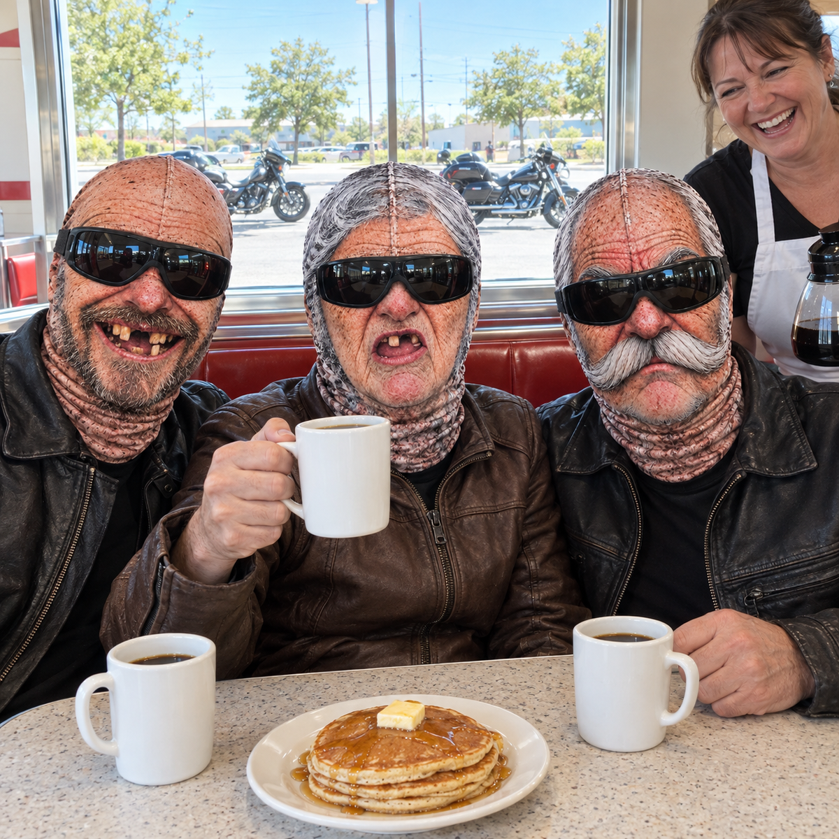 Three riders at a diner booth, each in a different face (Toothless Grin, Granny, Mustache Grandpa), wearing sunglasses over the eye opening