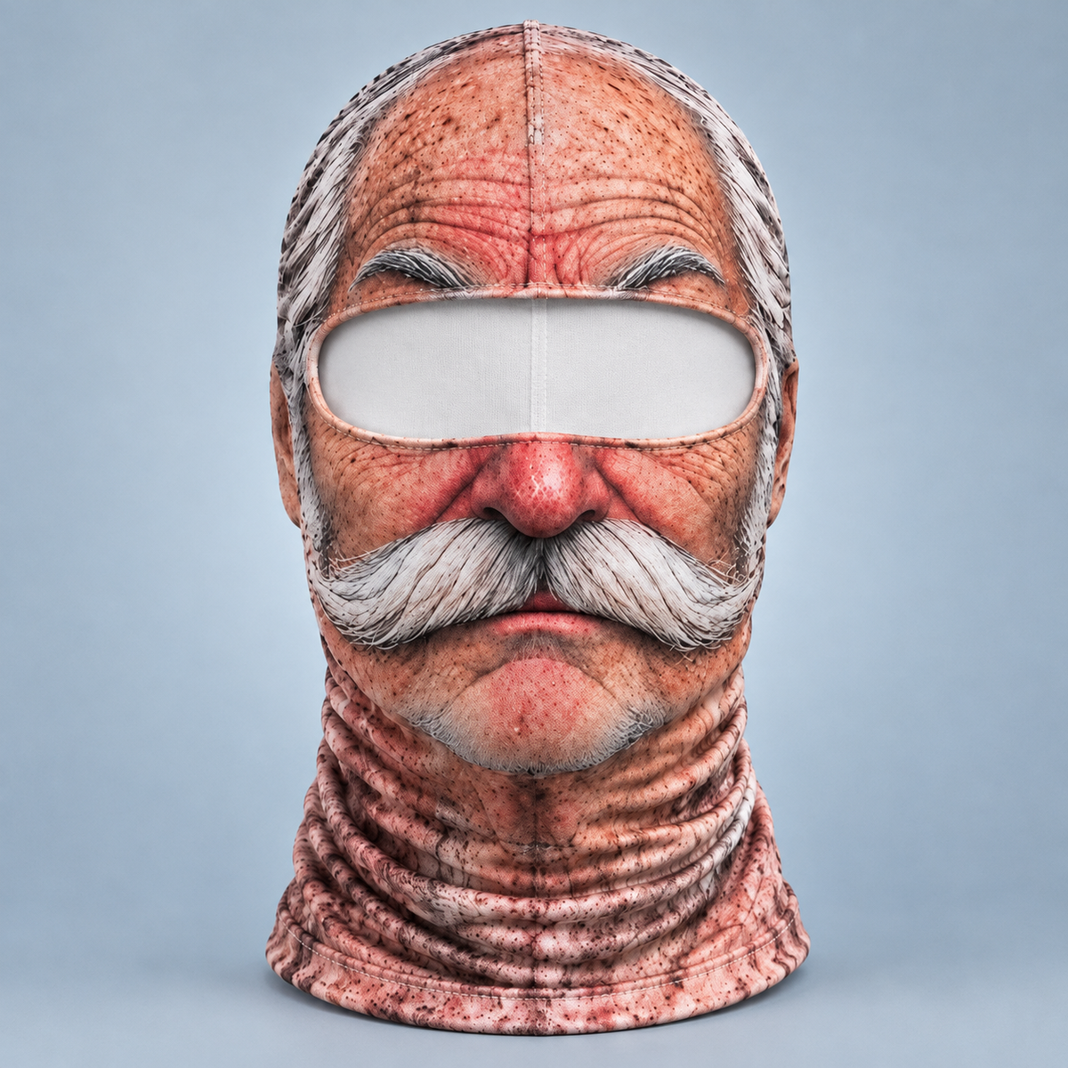 The Mustache Grandpa balaclava: grumpy frown, bushy brows, red nose and a big white handlebar mustache