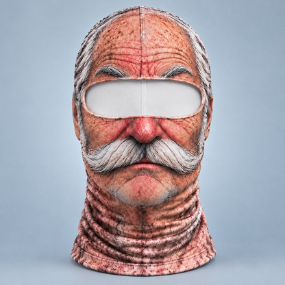 The Mustache Grandpa balaclava: grumpy frown, bushy brows, red nose and a big white handlebar mustache