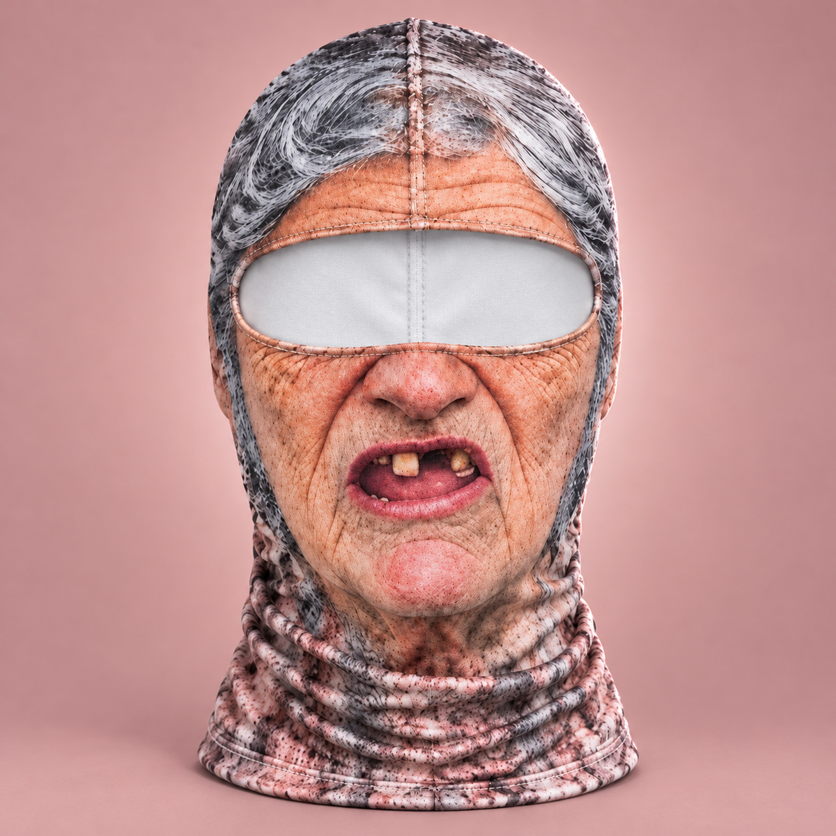 The Granny balaclava: curly grey hair, wrinkled face and a grumpy two-tooth mouth
