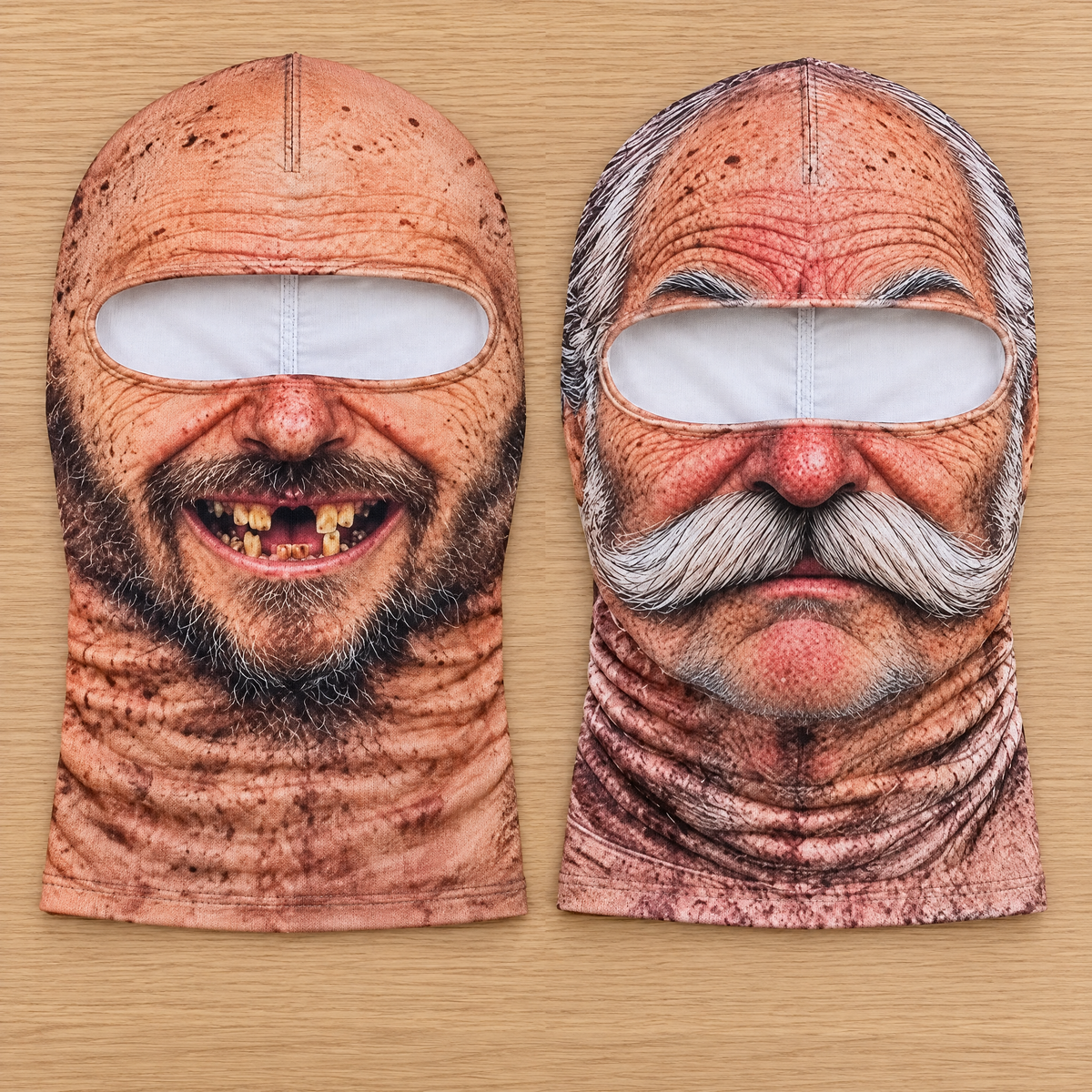 Buy 1, Get 1 Free: two balaclavas laid flat, The Toothless Grin and The Mustache Grandpa
