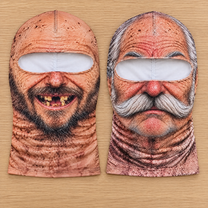 Buy 1, Get 1 Free: two balaclavas laid flat, The Toothless Grin and The Mustache Grandpa