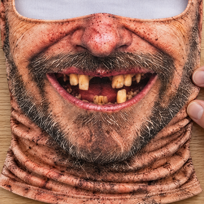 Close-up of the photo-sharp face print on stretch knit fabric, with the hemmed edge of the eye opening