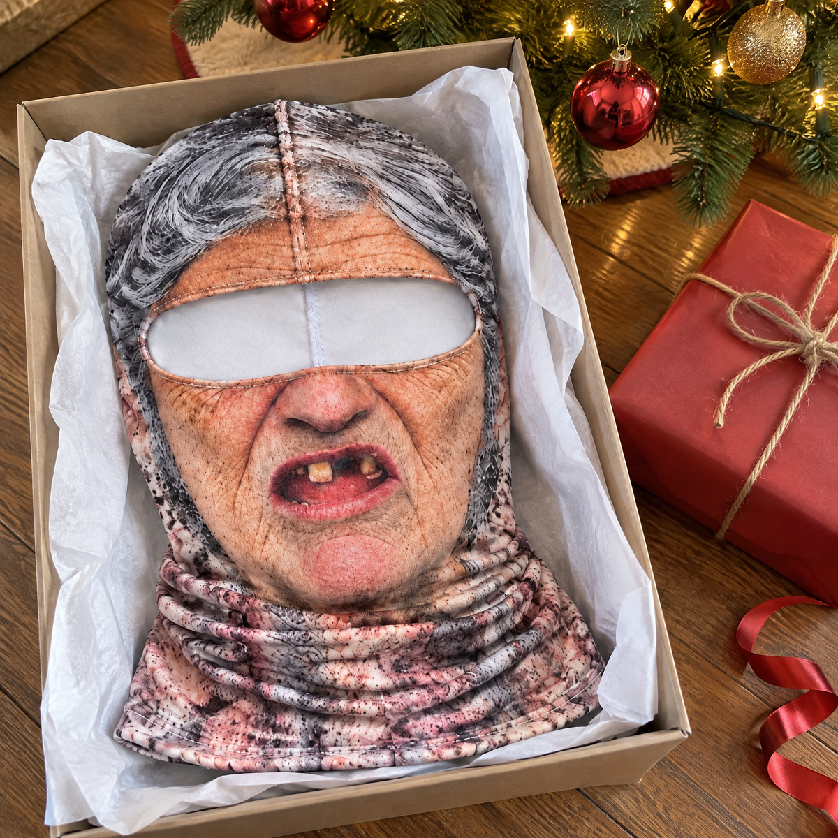 The Granny balaclava in a gift box with tissue paper under the Christmas tree