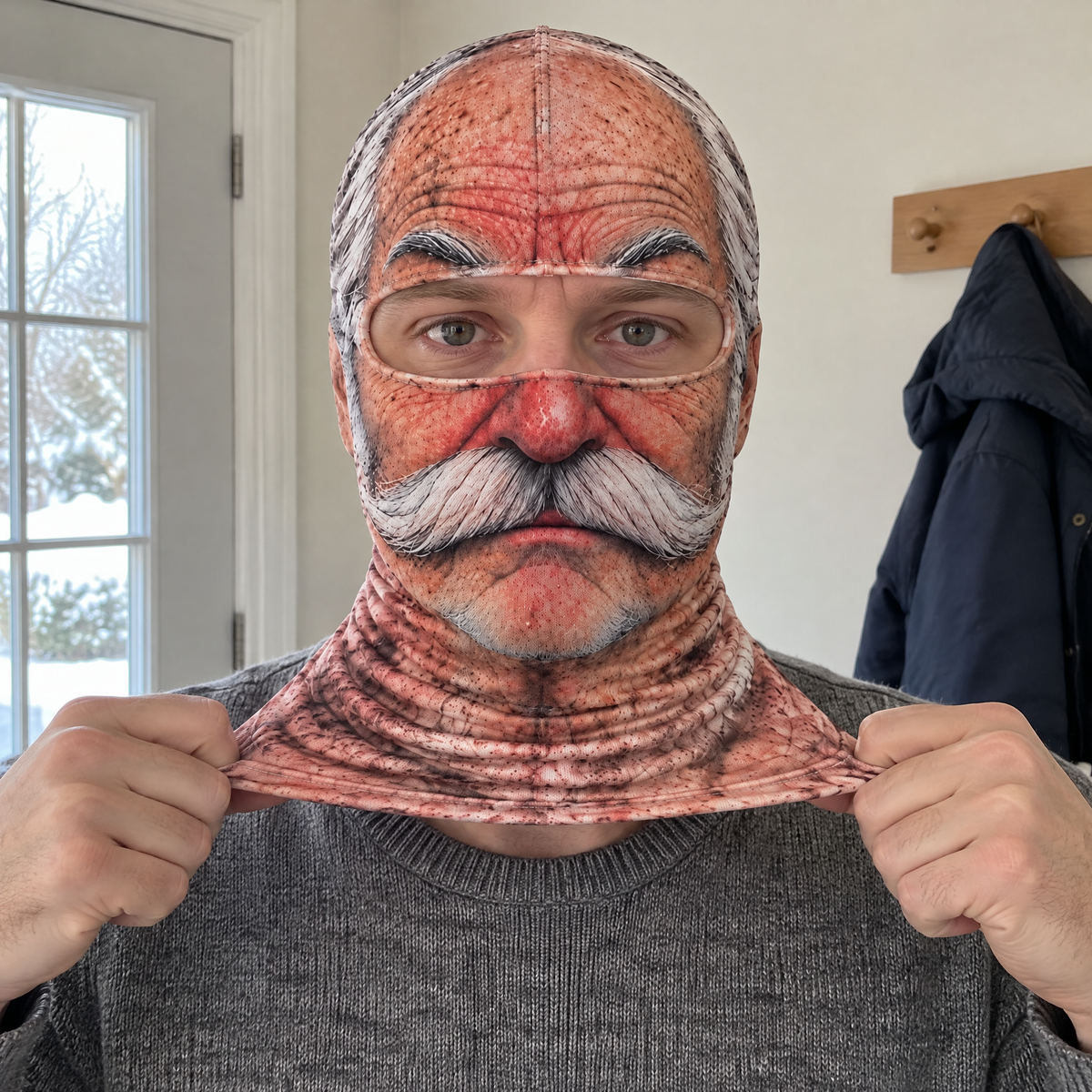 Man wearing The Mustache Grandpa balaclava pulls the long neck tube wide to show the one-size stretch knit