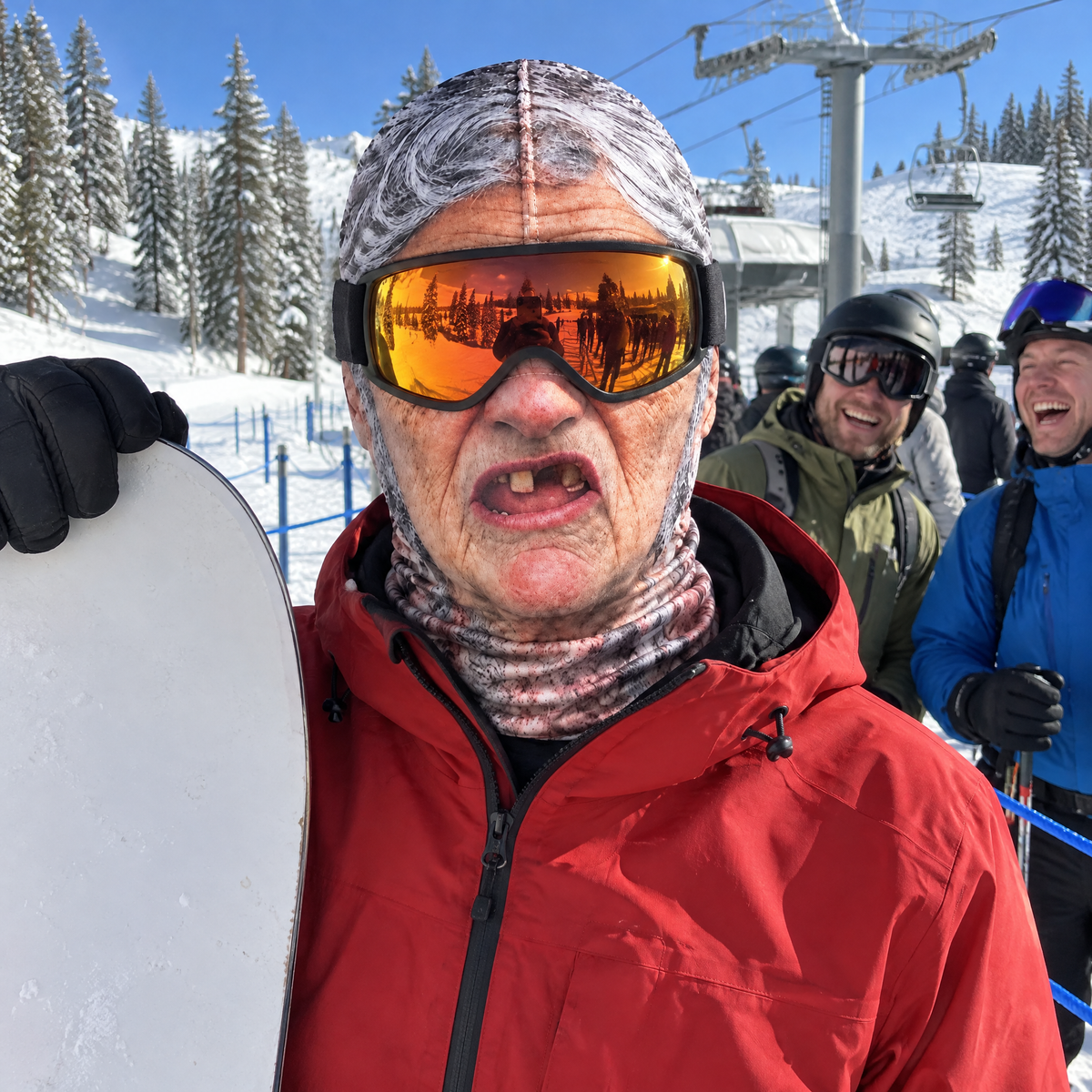 Snowboarder in the lift line wearing The Granny balaclava with ski goggles over the eye opening while two skiers crack up