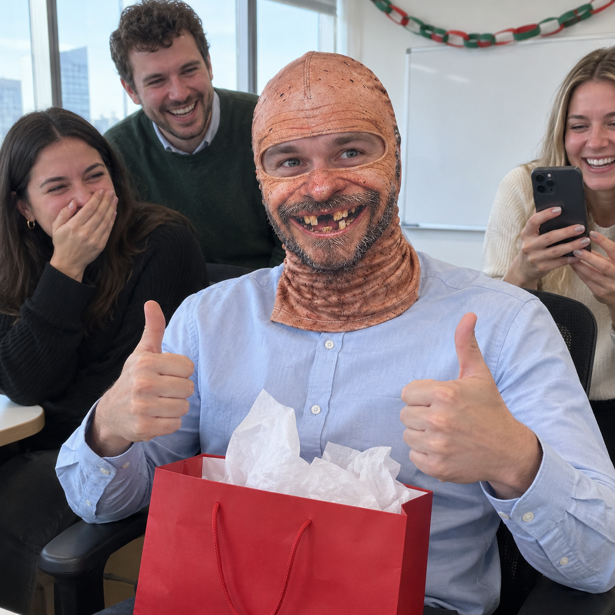 Coworker wearing The Toothless Grin balaclava gives two thumbs up after opening his gift-swap present while the office laughs
