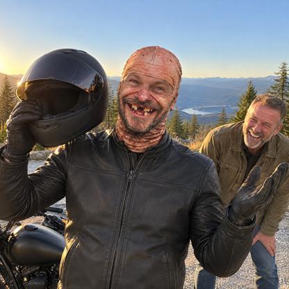Rider takes off his helmet at a mountain pull-out and The Toothless Grin balaclava grins back while his buddy cracks up