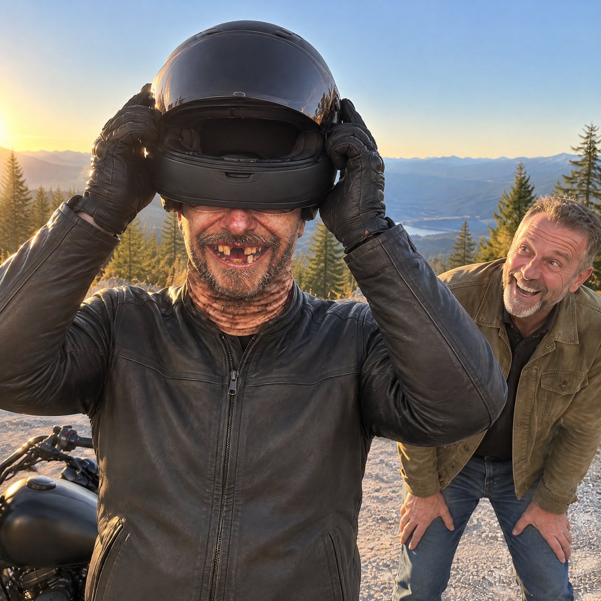 Rider lifting his helmet off to reveal The Toothless Grin balaclava