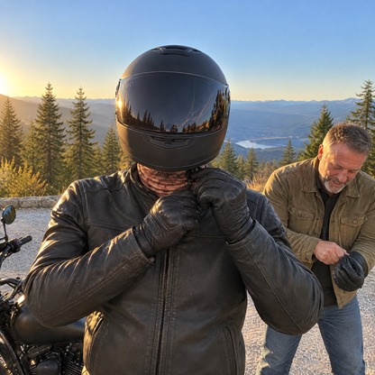 Rider with his helmet on, the balaclava neck tucked under his jacket, before the reveal
