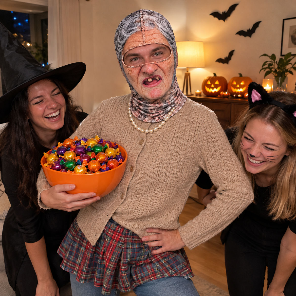 Halloween party guest in The Granny balaclava holding a candy bowl while friends laugh