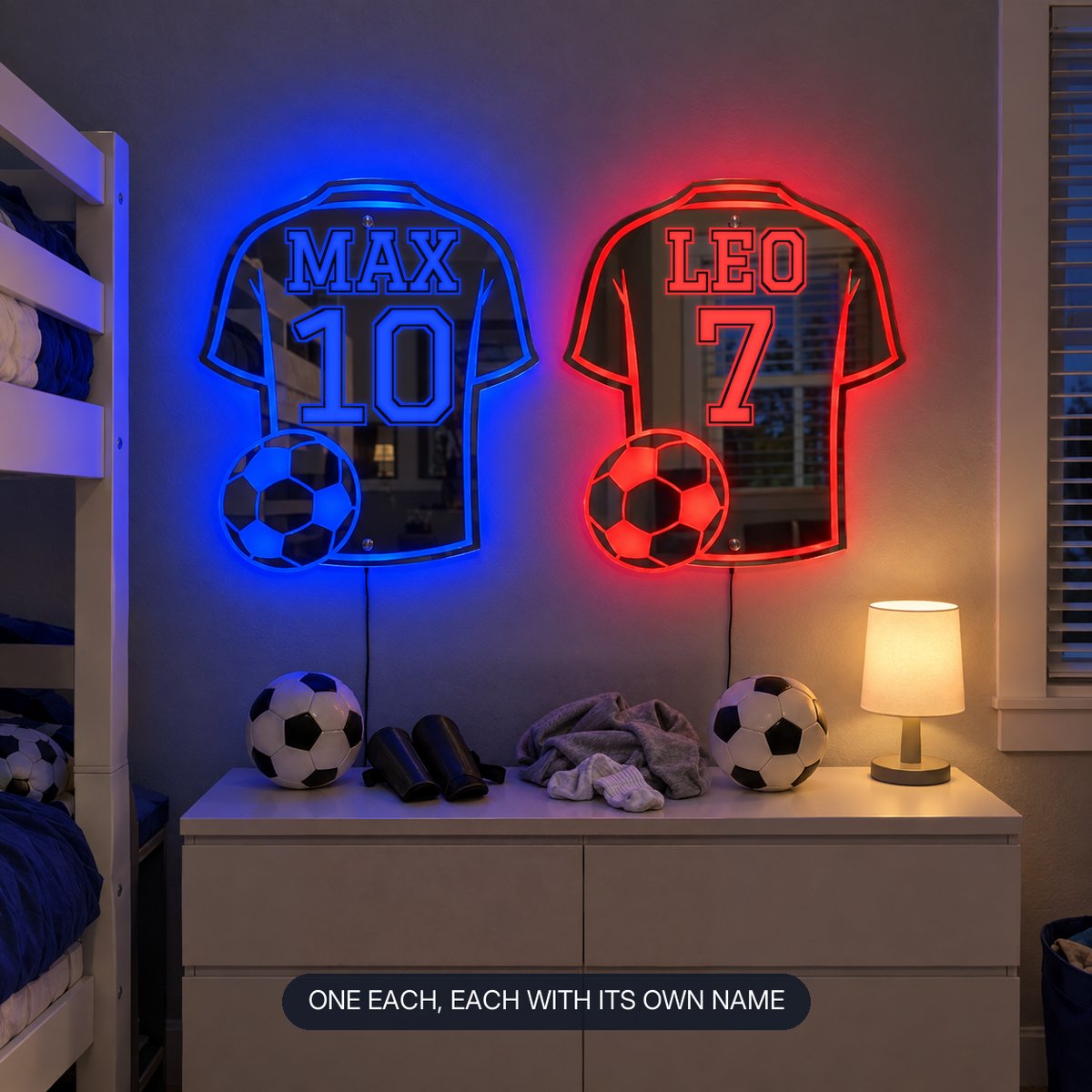Two personalized jersey mirrors, MAX 10 in blue and LEO 7 in red, side by side above a dresser in a shared bedroom