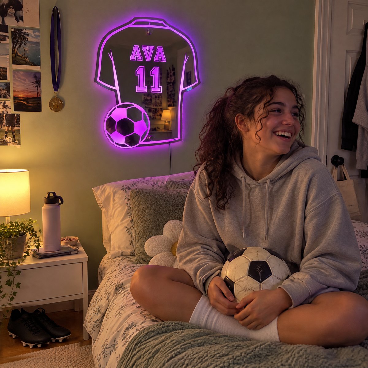 A jersey mirror with AVA 11 glowing violet above a girl's bed