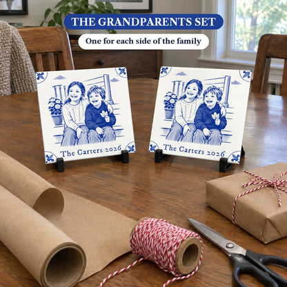 The Grandparents Set: two identical Delft-blue photo tiles side by side, each on its own small black stand