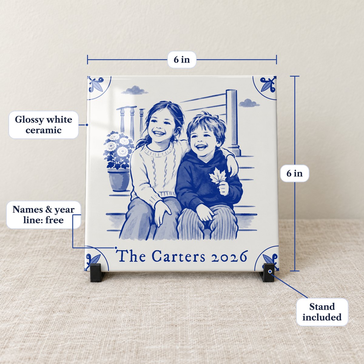 Front view of the 6 x 6 in glossy Delft-blue photo tile with the names line The Carters 2026, on its black stand