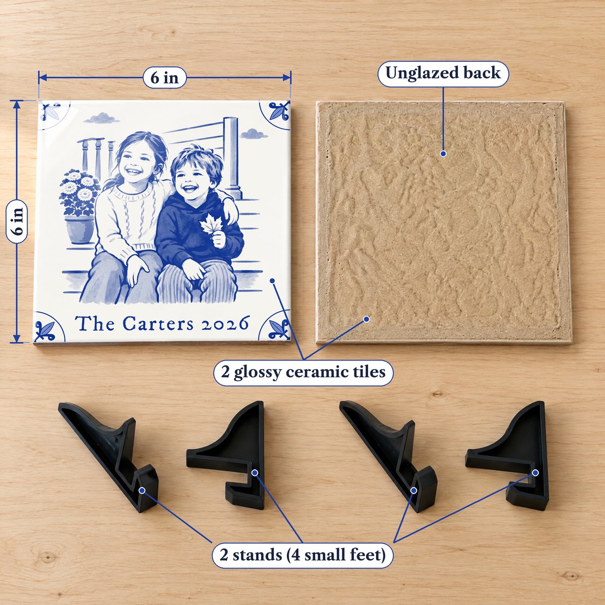 Two 6 x 6 in glossy ceramic tiles, one showing its unglazed back, and four small black plastic stand feet