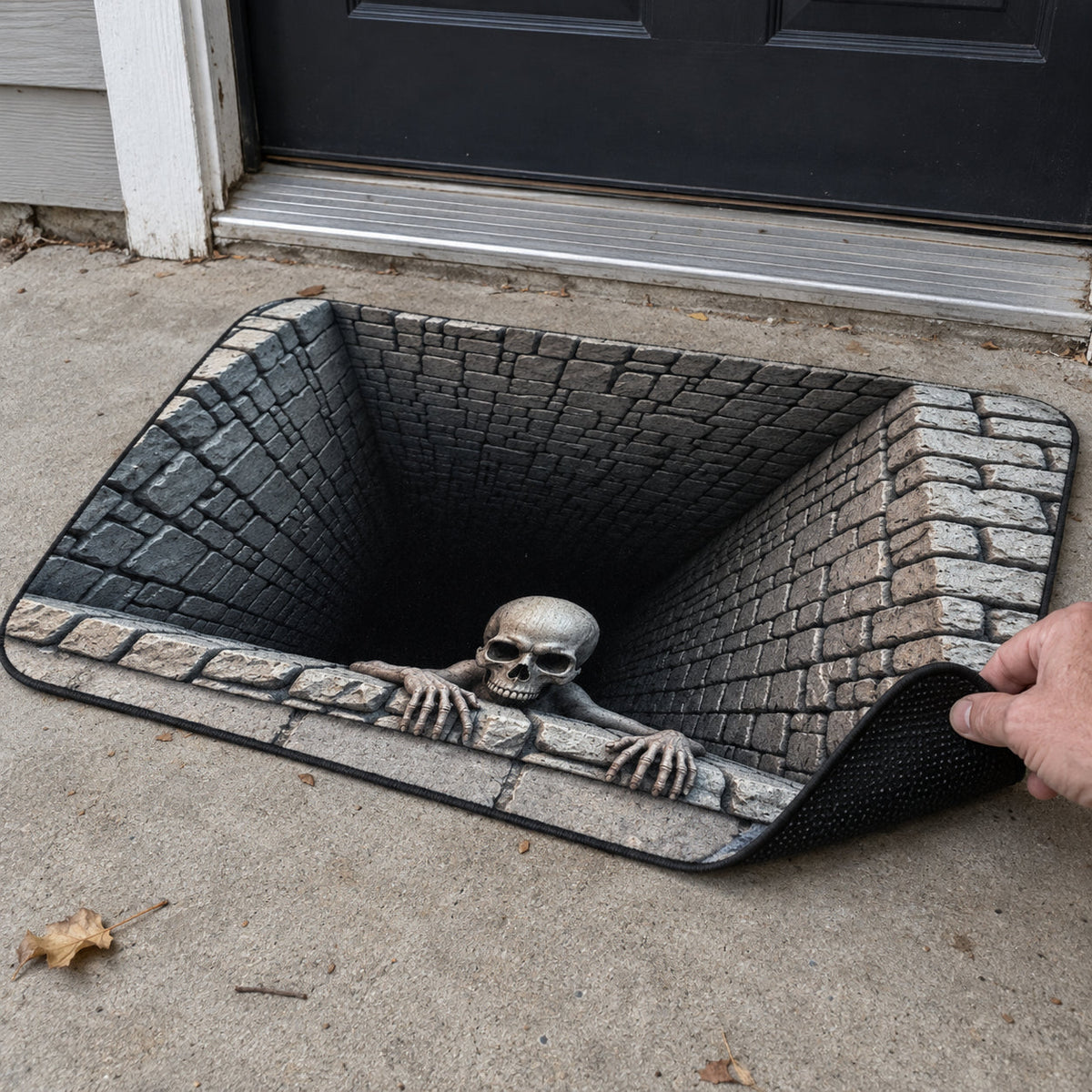 3D skull pit Halloween door mat - corner lift