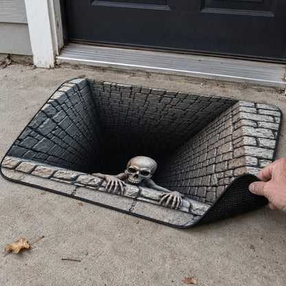 3D skull pit Halloween door mat - corner lift