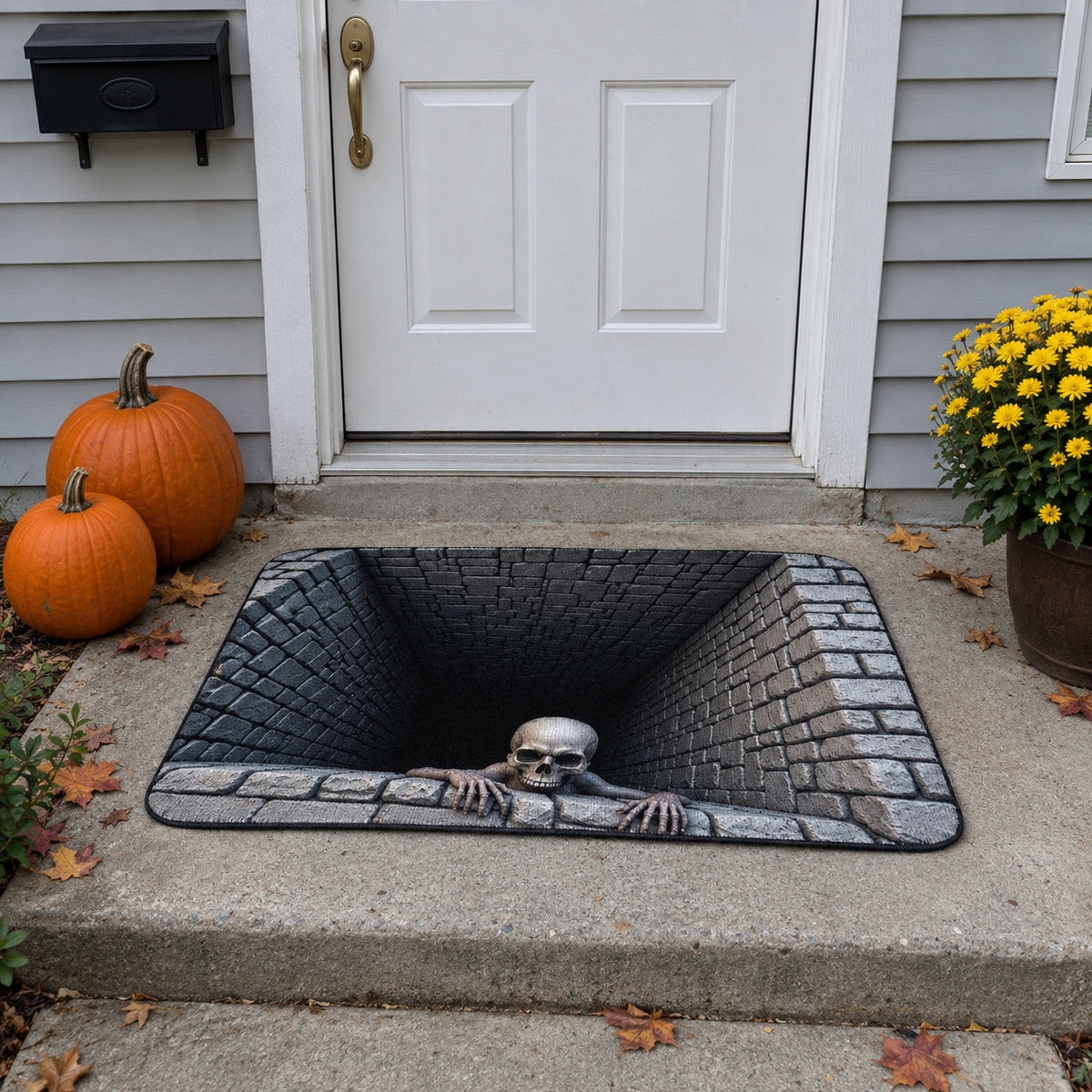 3D skull pit Halloween door mat - porch day