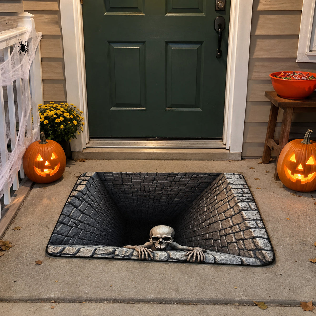 3D skull pit Halloween door mat - porch night