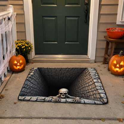 3D skull pit Halloween door mat - porch night