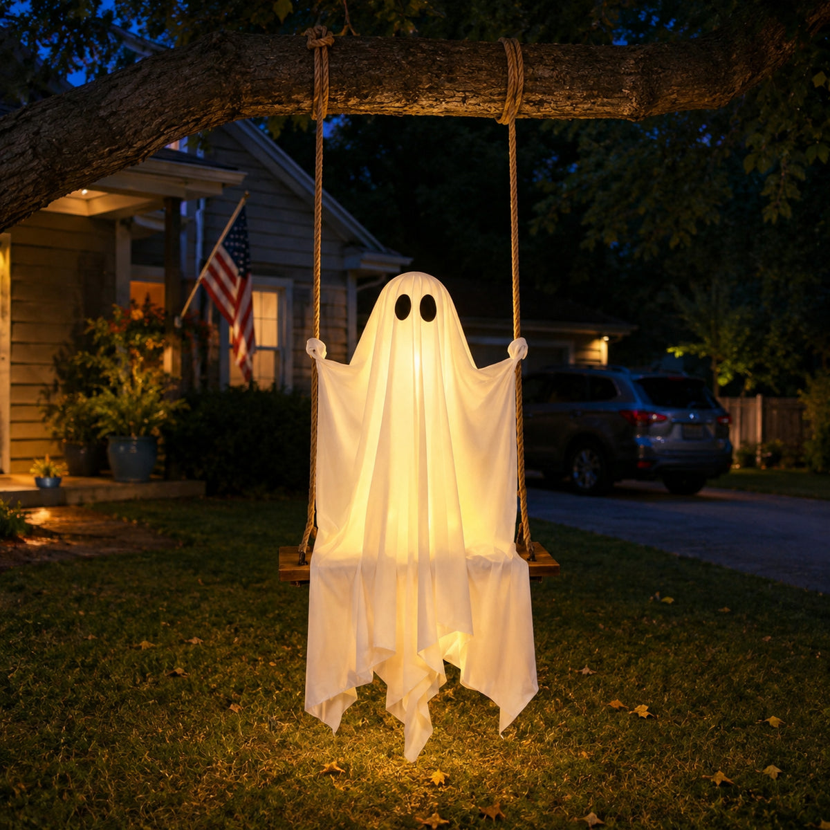 Glowing Ghost on a Swing — Hanging LED Halloween Decoration