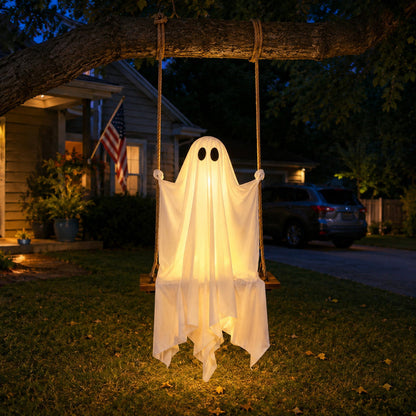 Glowing Ghost on a Swing — Hanging LED Halloween Decoration