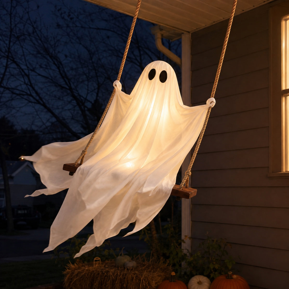 Glowing Ghost on a Swing — Hanging LED Halloween Decoration