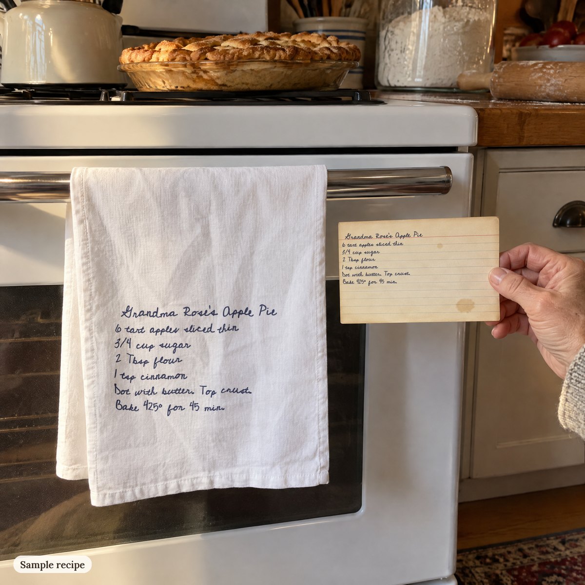 Handwritten recipe tea towel hanging on an oven handle, next to the original recipe card (sample recipe)