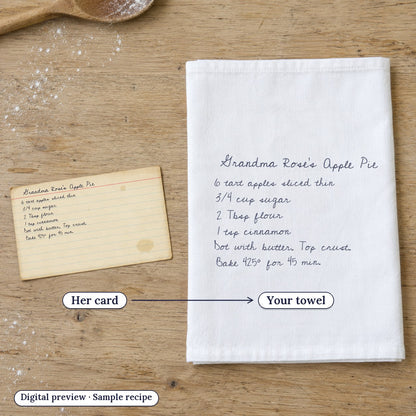 A stained handwritten recipe card next to a digital preview of the same handwriting on a white cotton tea towel (sample recipe)