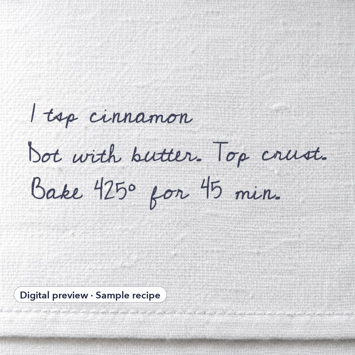 Digital preview of the sample recipe on the towel, close up
