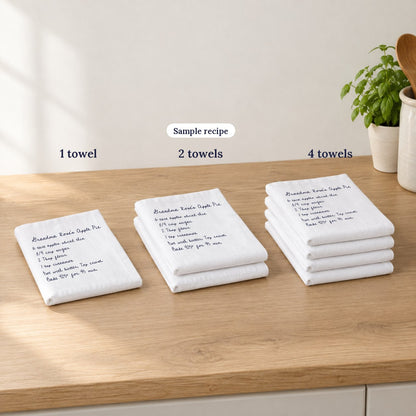 Folded recipe tea towels in packs of 1, 2 and 4, the same recipe on each (sample recipe)