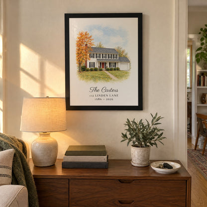 Custom house portrait of a white colonial with a red door, in a black frame above a living-room console, with the line The Carters, 112 Linden Lane, 1986 - 2026