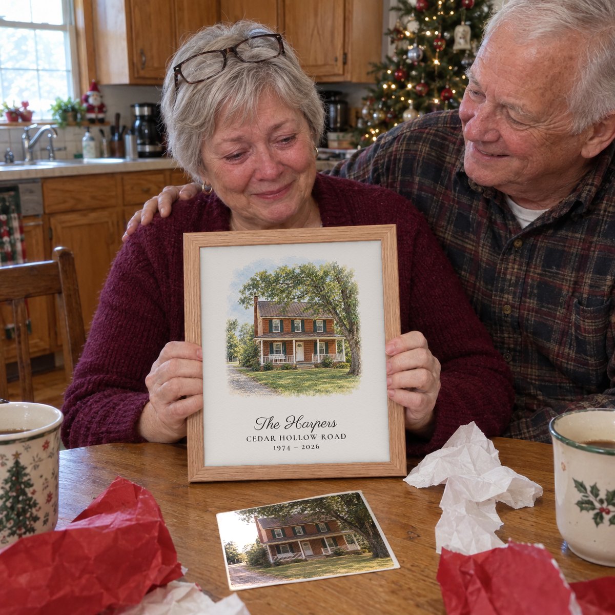 An older couple at the kitchen table on Christmas morning holding a natural-wood framed portrait of their brick farmhouse, the old print photo of the house on the table