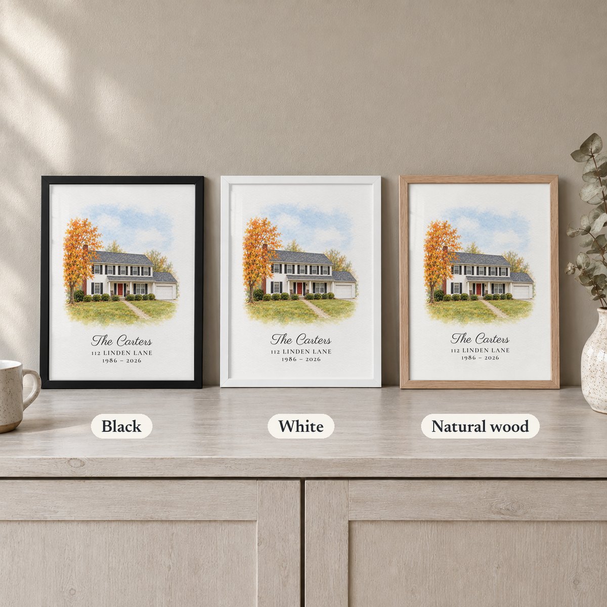 The same house portrait in black, white and natural wood frames