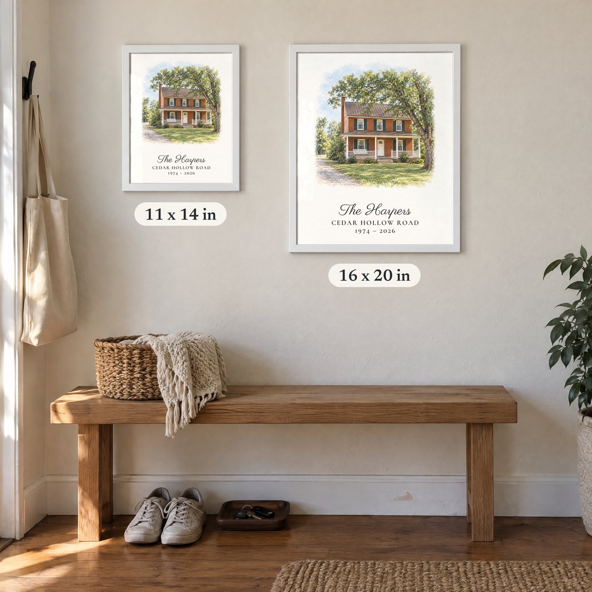 11 x 14 in and 16 x 20 in framed portraits side by side on a wall