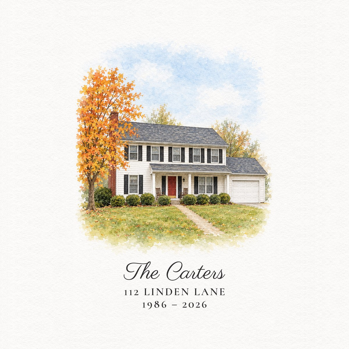 Close-up of the watercolor-style house illustration with the family name, street and years under it